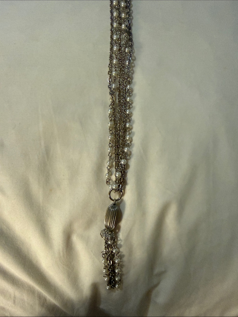 Multi-Strand Pearl & Silver Tassel Necklace - White/Silver